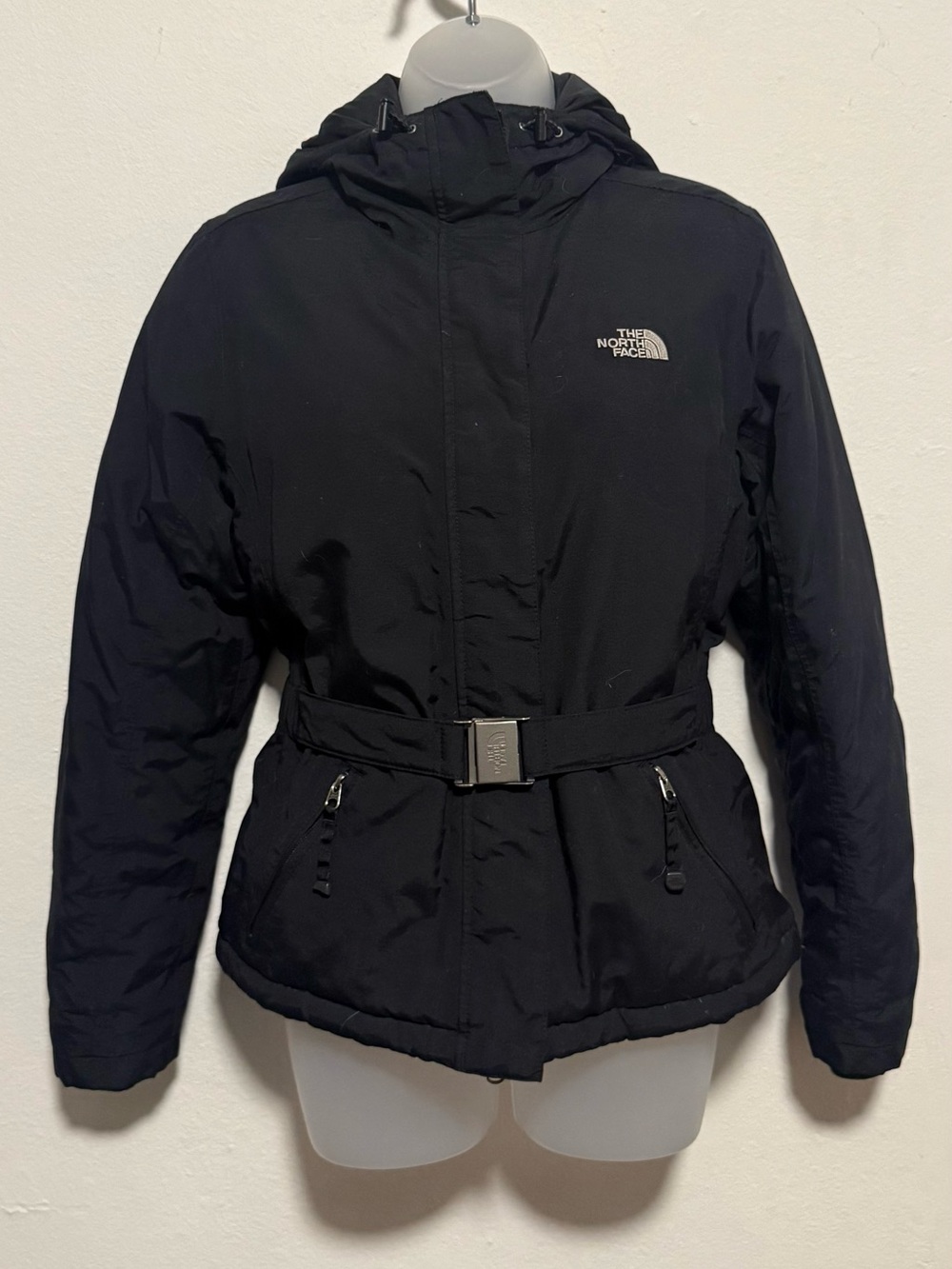 The North Face Women's Black Hooded Puffer Jacket with Belt
